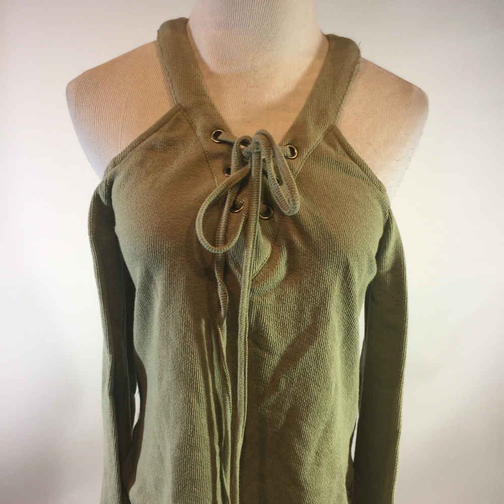 J.O.A Green Cold Shoulder Lace Up Top S New